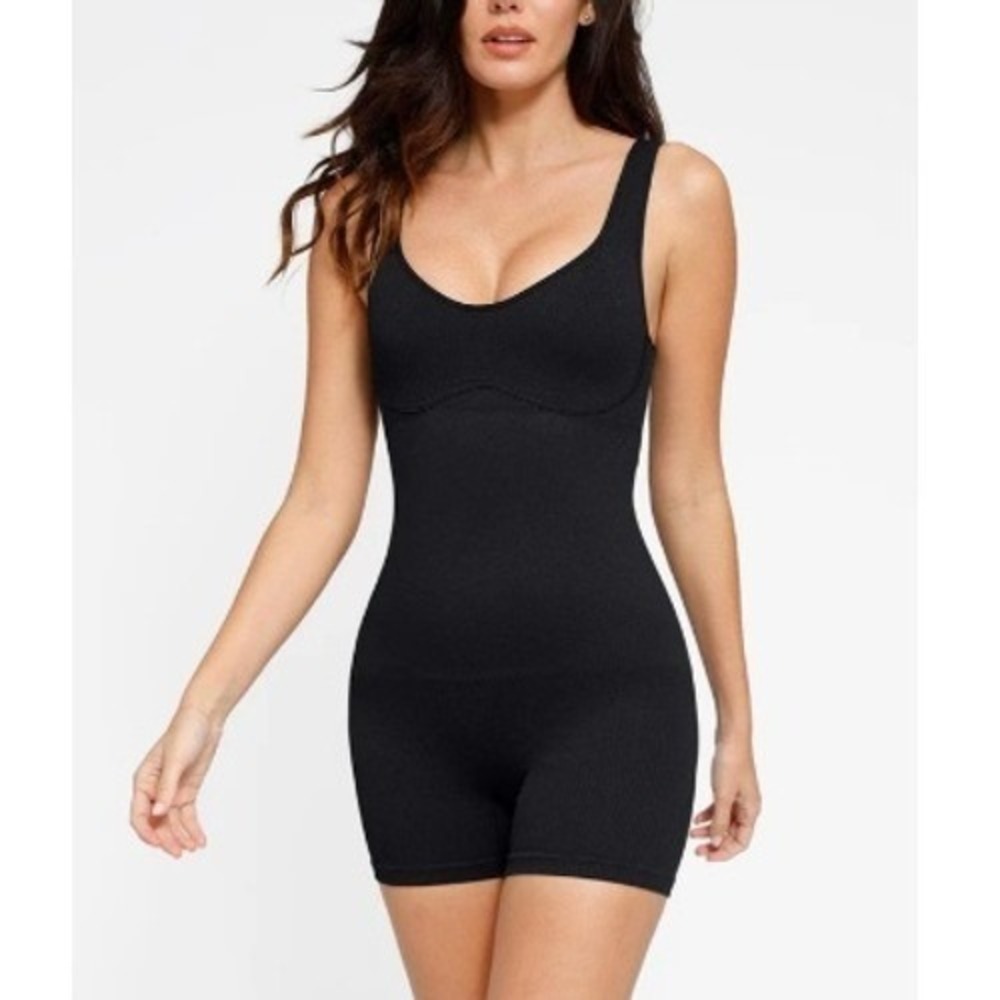 Popilush Women's Black Seamless Ribbed V-Neck Romper Shapewear Size L NWT